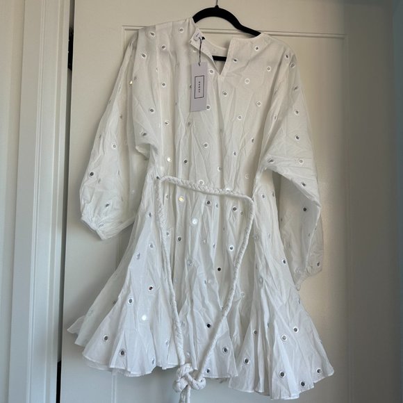 Rhode Ella Blouson Mini Dress Flared Mirror Disc Allover Braided Belt White Smal - Picture 6 of 7